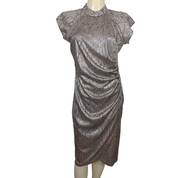 Vintage Steppin Out Metallic Snake Print Ruched Midi Dress Flutter Cap Sleeves M - Picture 2 of 16